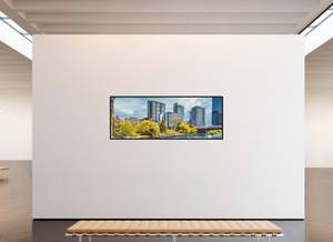83.9 x 31″, Floater 	Basel 0.6", Black Oak Frame Harrison Street Bridge & Southbank, Chicago — Riverfront Panorama