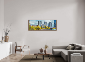 65 x 24″, Floater Basel 0.6 Wallnut Brown Harrison Street Bridge & Southbank, Chicago — Riverfront Panorama