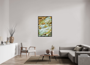 30 x 45″, Floater Basel 0.6", Black oak Frame Himalayan Stream — Ice-Melt in Motion