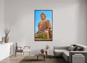 39.4 x 70″, Floater Frame Basel o.6", Black Oak Great Buddha Statue, Bodh Gaya — Morning Light (India)