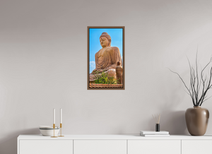 13.5 x 24″, Floater Basel 0.6 Wallnut Brown Great Buddha Statue, Bodh Gaya — Morning Light (India)