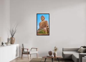 22.5 x 40″, Floater Frame Basel o.6", Black Oak Great Buddha Statue, Bodh Gaya — Morning Light (India)