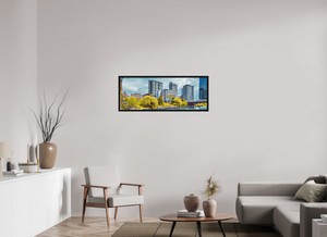 43.3 x 16″, Floater 	Basel 0.6", Black Oak Frame Harrison Street Bridge & Southbank, Chicago — Riverfront Panorama