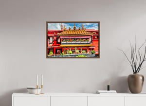 30 x 20″, Floater Basel 0.6 Wallnut Brown Jokhang Temple, Lhasa — Gilded Balcony & Prayer Banners (Tibet)