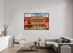 66 x 44″, Floater Frame, Basel 0.6", Black oak Jokhang Temple, Lhasa — Gilded Balcony & Prayer Banners (Tibet)