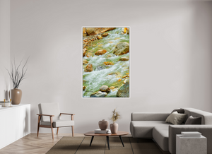 44 x 66″, Floater Basel 0.6 White Matt Frame Himalayan Stream — Ice-Melt in Motion