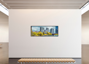 75.8 x 28″, Floater 	Basel 0.6", Black Oak Frame Harrison Street Bridge & Southbank, Chicago — Riverfront Panorama