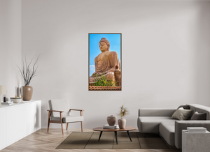 30.9 x 55″, Floater Basel 0.6 Wallnut Brown Great Buddha Statue, Bodh Gaya — Morning Light (India)