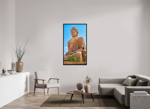 30.9 x 55″, Floater Frame Basel o.6", Black Oak Great Buddha Statue, Bodh Gaya — Morning Light (India)