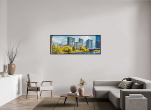 65 x 24″, Floater 	Basel 0.6", Black Oak Frame Harrison Street Bridge & Southbank, Chicago — Riverfront Panorama