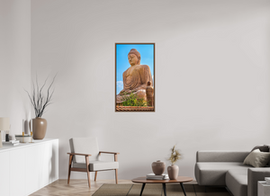 22.5 x 40″, Floater Basel 0.6 Wallnut Brown Great Buddha Statue, Bodh Gaya — Morning Light (India)