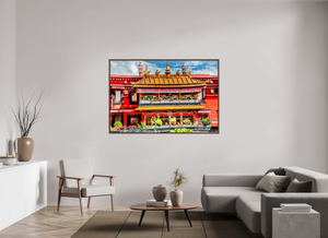 66 x 44″, Floater Basel 0.6 Wallnut Brown Jokhang Temple, Lhasa — Gilded Balcony & Prayer Banners (Tibet)