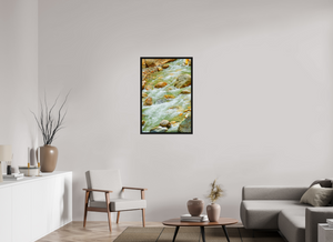 24 x 36″, Floater Basel 0.6", Black oak Frame Himalayan Stream — Ice-Melt in Motion