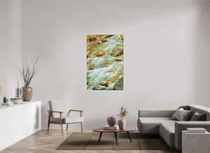 36 x 54″, Floater Basel 0.6 White Matt Frame Himalayan Stream — Ice-Melt in Motion